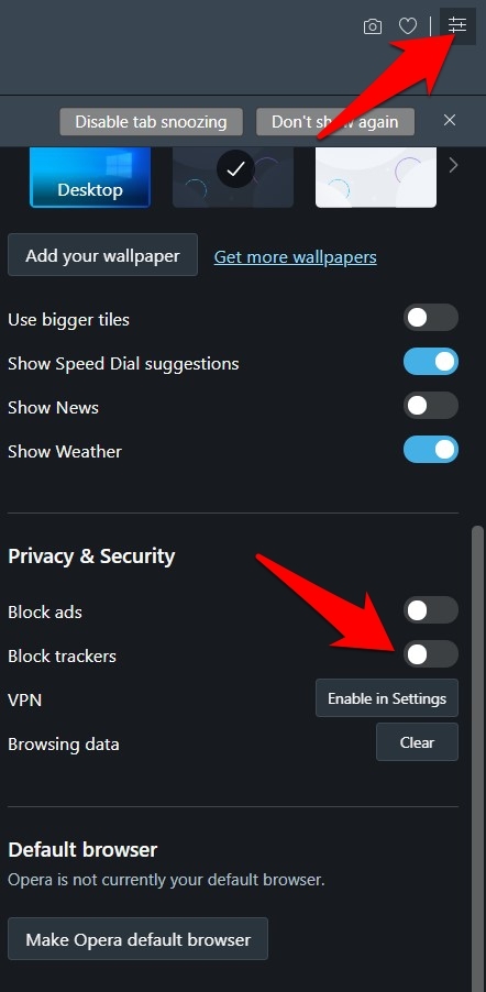 Block and Enable Trackers in Opera browser