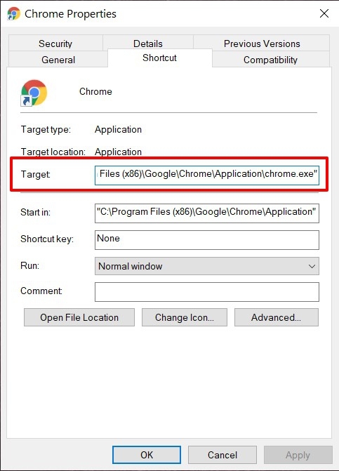 Chrome Properties window in Windows OS PC