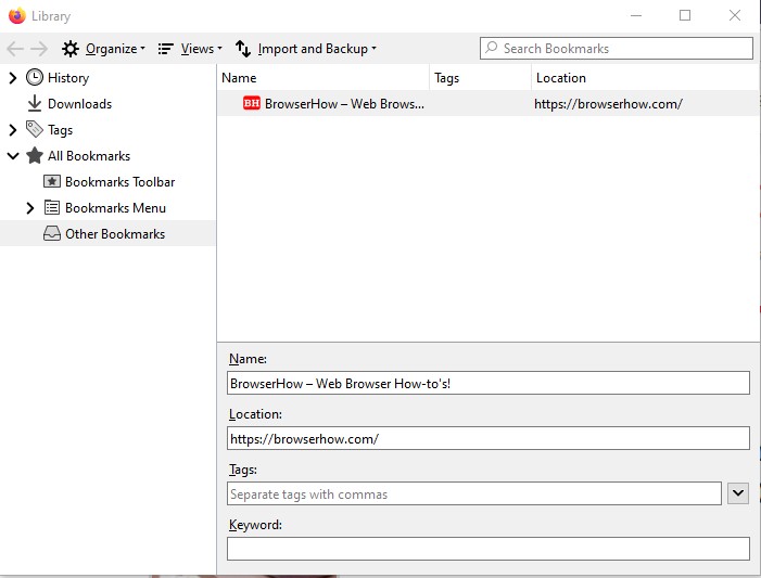 Firefox Bookmark Manager Window to Import and Export