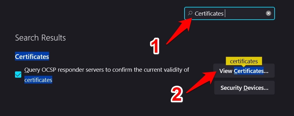 Search for Saved Certificate in Firefox browser