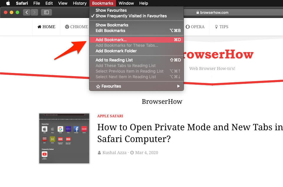 Add Bookmark from Bookmarks Menubar in Safari MacBook
