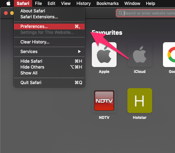 Apple Safari Menubar Preferences...