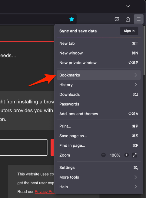 Bookmarks menu in Firefox browser on computer