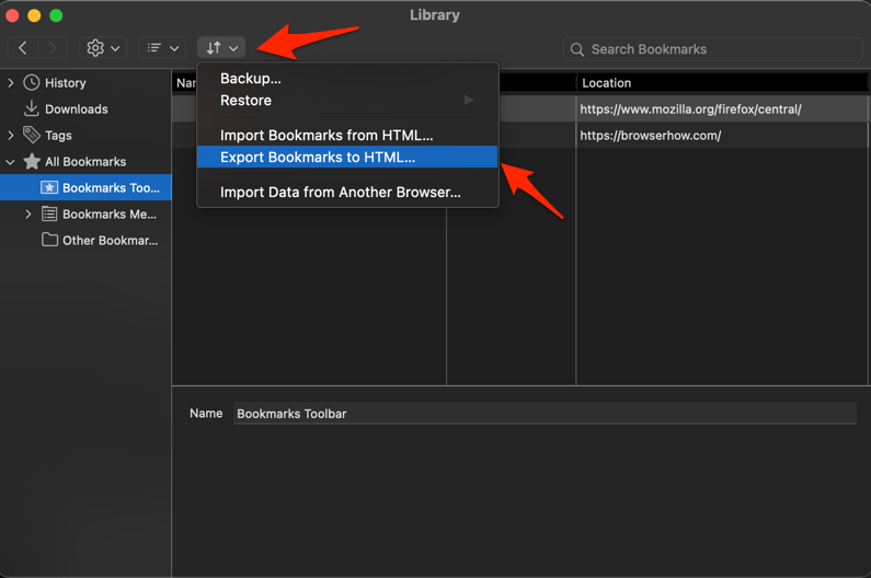 Export Bookmarks to HTML command in Firefox computer browser
