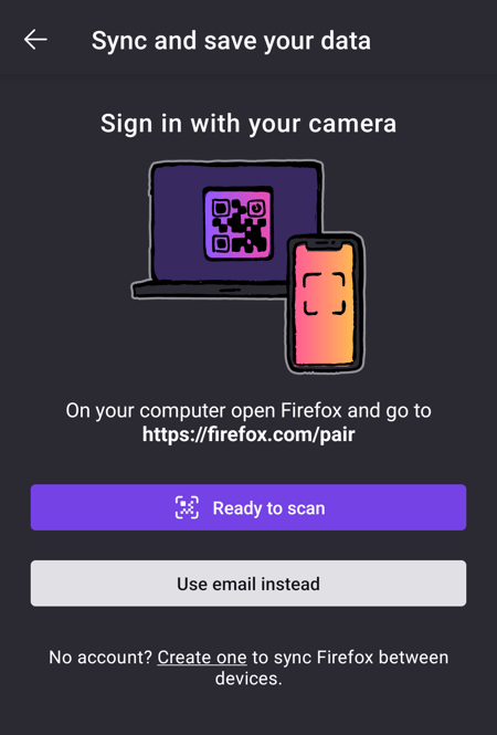 Firefox for Android Sync and Save you data sign-in screen