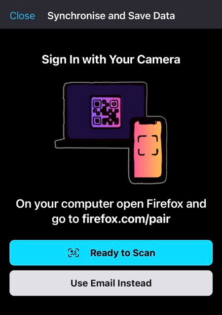 Firefox for iPhone Synchronize and Save Data screen