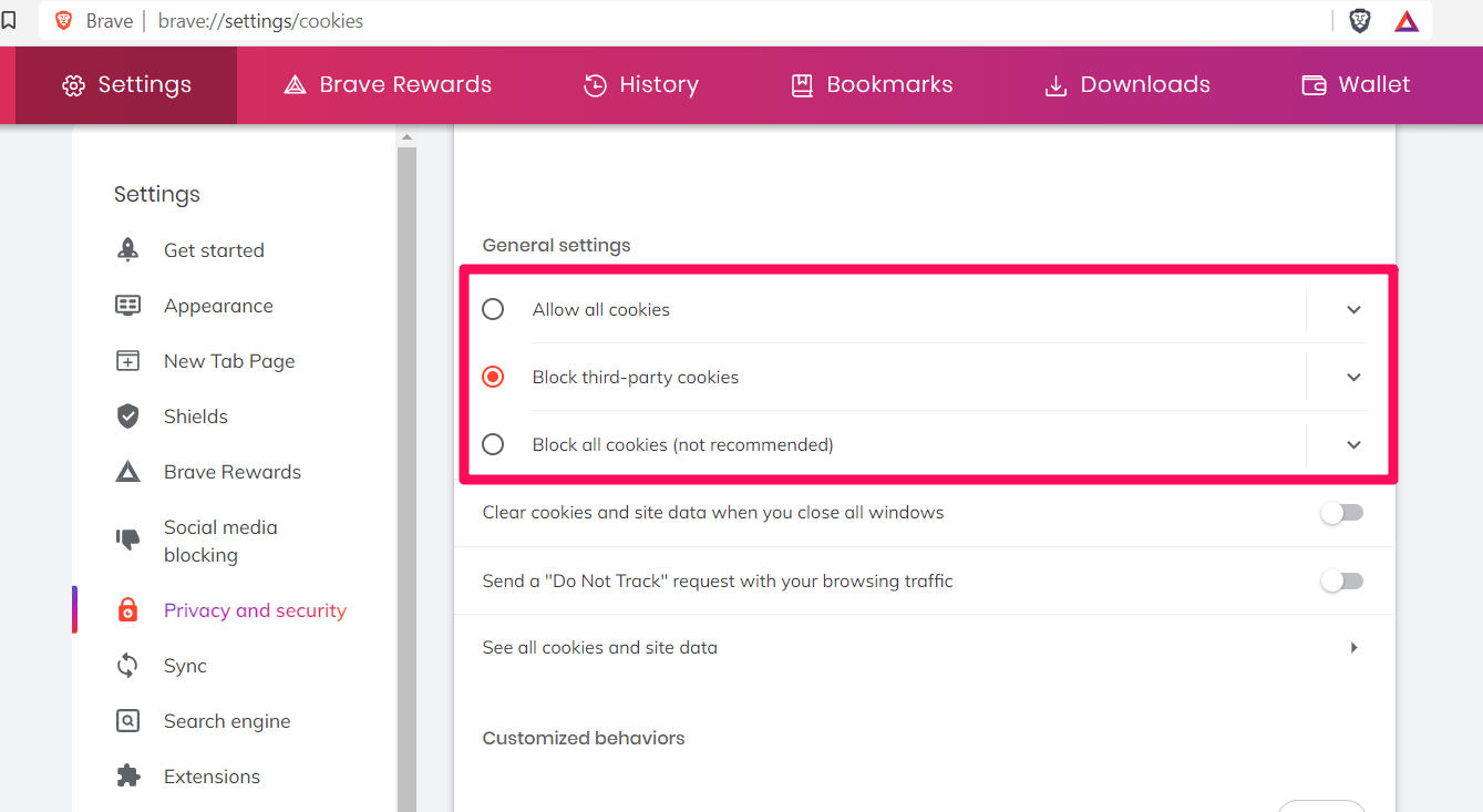General Settings for Brave Browser Cookies setup with Block Third-party cookies