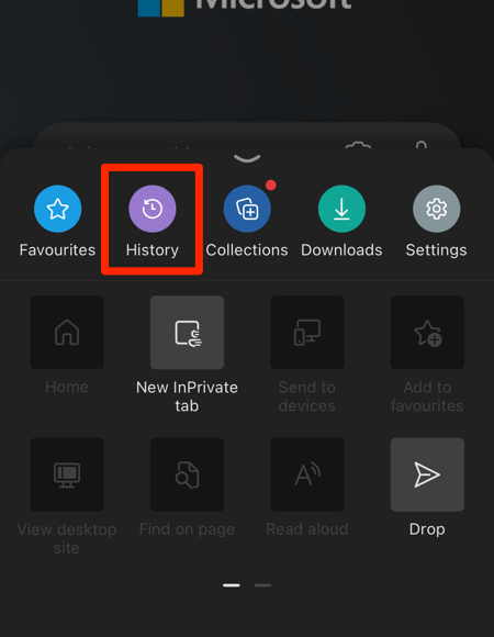 History menu in Edge app on iPhone