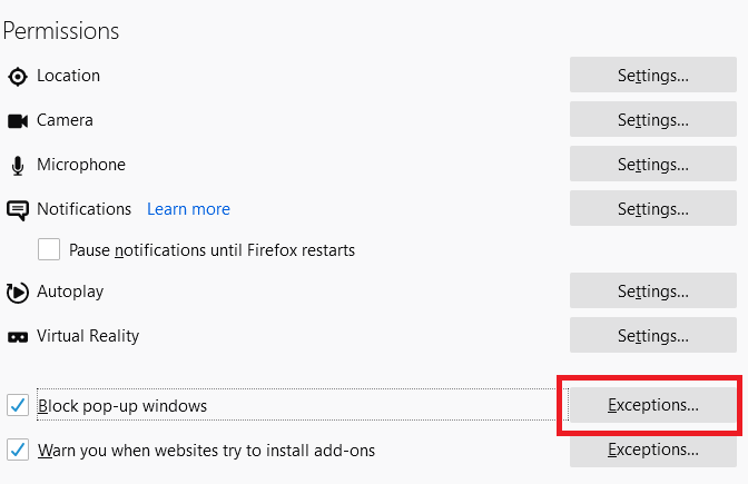 How to allow pop-ups and redirects in Firefox computer