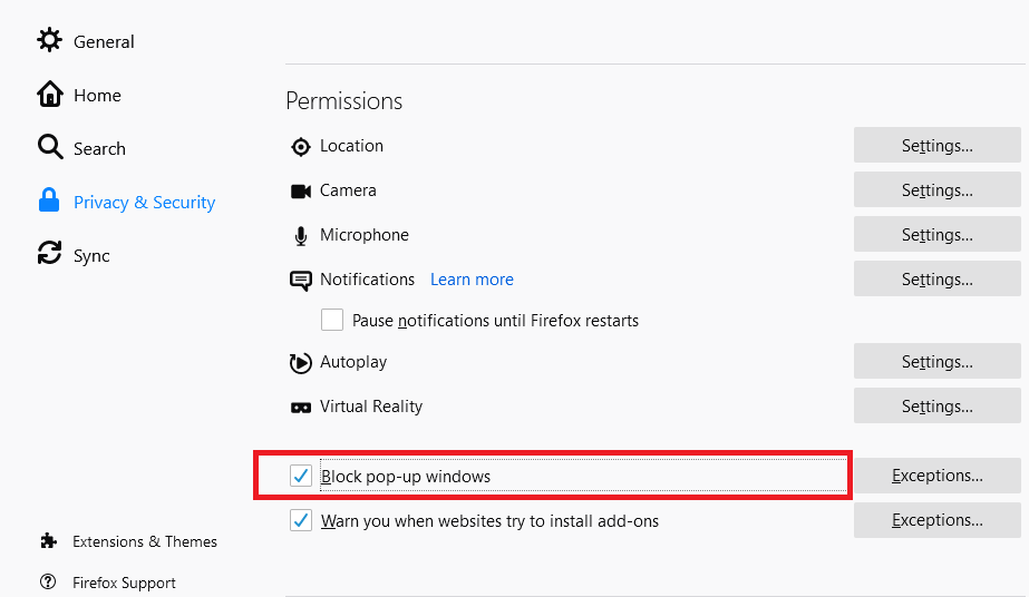 How to allow pop-ups and redirects in Firefox computer