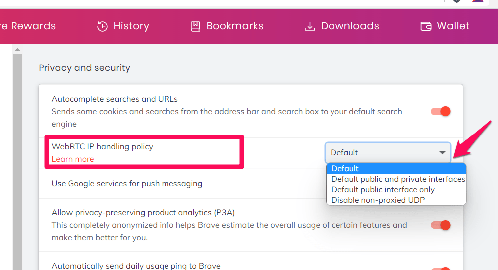 Manage WebRTC IP handing policy in Brave computer browser