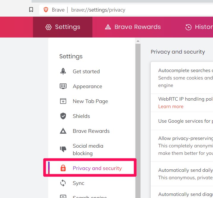 Privacy and Security Tab in Brave computer browser
