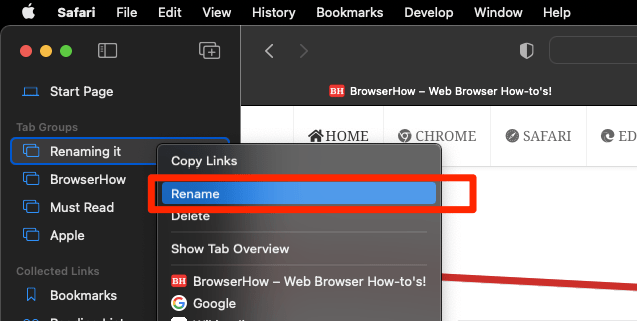 Rename Tab Group from Safari Mac Sidebar panel