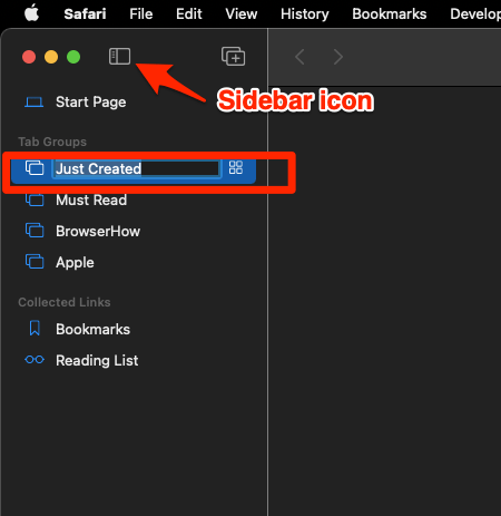 Safari New Tab Group in Sidebar pane