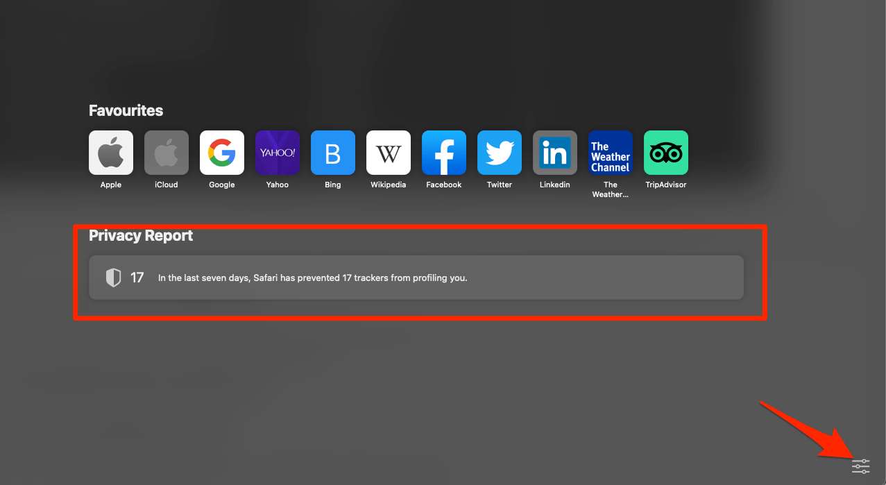 Safari Start Page with Privacy Report section and Customize Option