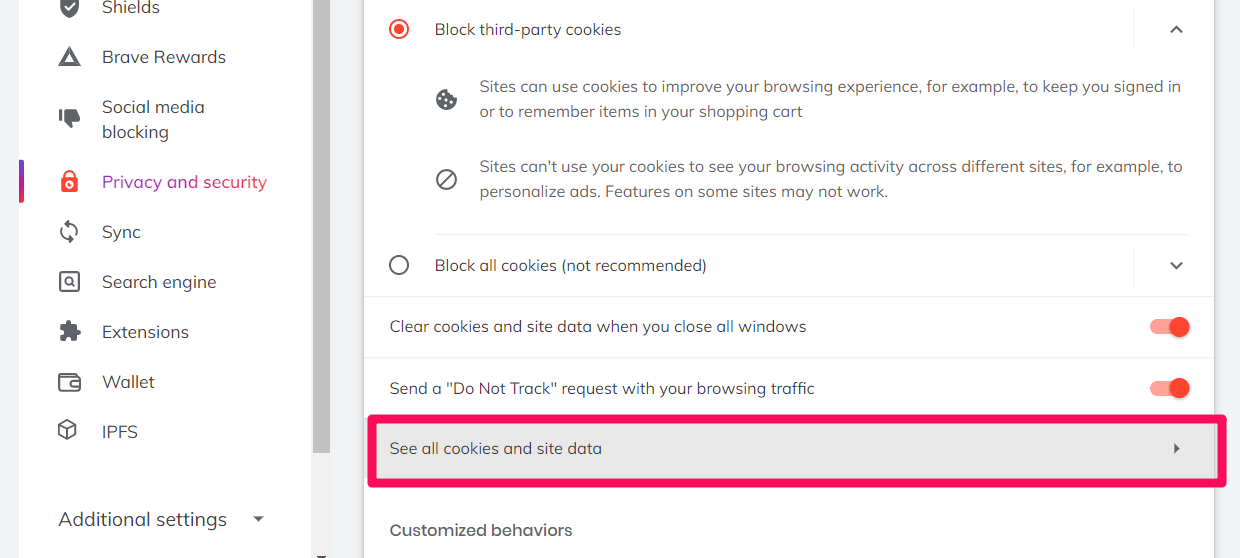 See all cookies and site data in Brave computer