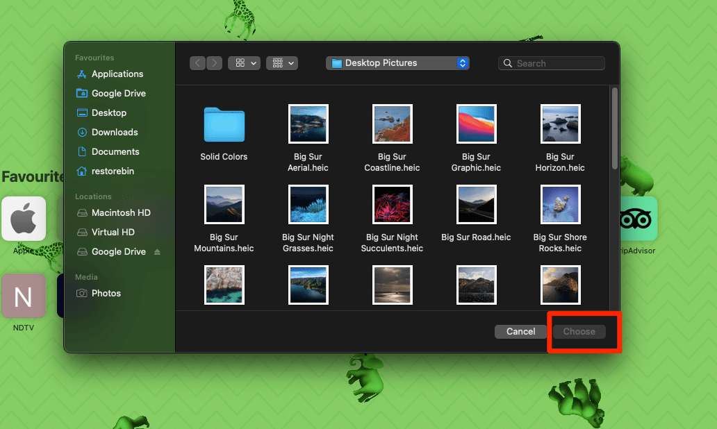 Select Picture from the Finder window and hit Choose button
